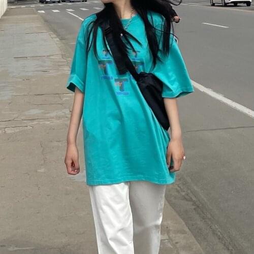 2021 summer t-shirt womens short-sleeved lake green design sense niche mid-length loose Korean style chic T-shirt tide