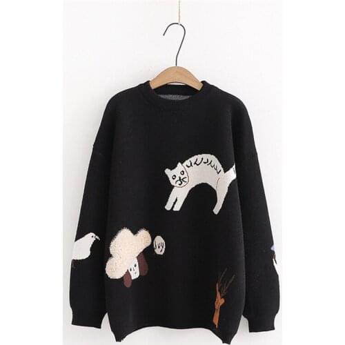 2021 autumn winter animal Women Black sweater new cute little Cat jacquard loose and thick warm Women sweater