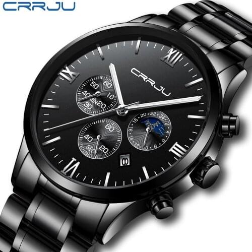 Luxury Brand Men Watches CRRJU Chronograph Men Sports black Watches Waterproof Full Steel Quartz Mens Watch Relogio Masculino