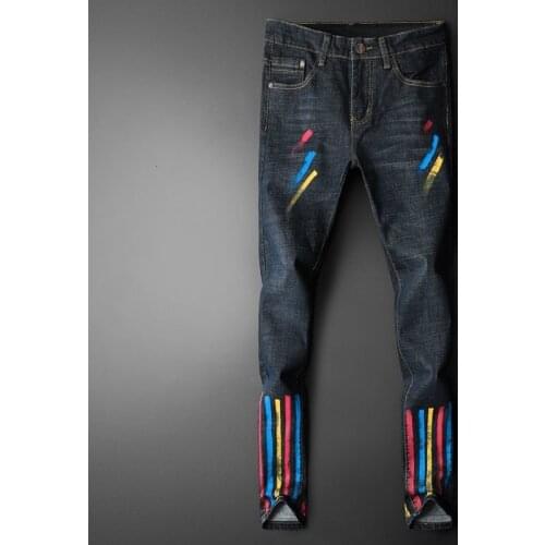 Color Stripes Jeans Men Elastic Force Punk Nightclub Personality Straight Printed Jean Man Trendy Colored Drawing Denim Pant