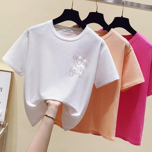 Short Sleeve Bling Diamonds Tshirt Women Clothes Summer Tops Girl T-shirts Korean Fashion Casual Cartton Kawaii Tees