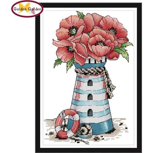GG Flowers Lighthouse Counted Cross Stitch 11CT 14CT Embroidery Needlework Kit Joy Sunday Cross Stitch Set Flower for Home Decor