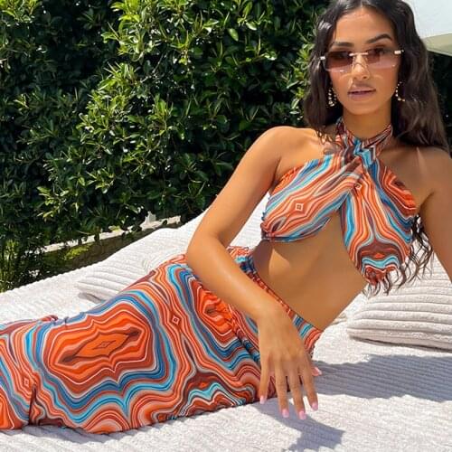 Gitana 2021 Print Sleeveless Halter Sexy Crop Top Dress Sets Backless Bodycon Club Party Elegant Y2K Outfits Matching Set