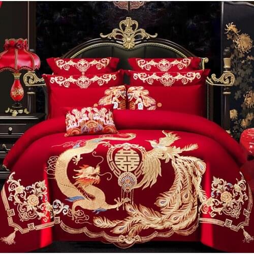 4/6Pcs Luxury Loong Phoenix Embroidery Red Duvet Cover Bed sheet Cotton Chinese Style Wedding Bed cover Bedding Set Home Textile