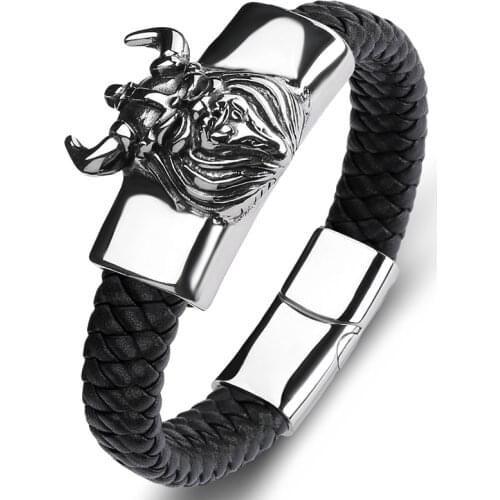Trendy Braided Leather Men Bracelet Stainless Steel Viking Old Man Avatar Magnetic Buckle Punk Jewelry Male Wristband Gifts P137