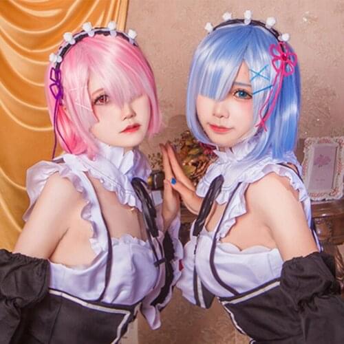 Anime Re Zero Life In A Different World From Zero Cosplay Wig Ram Rem Wigs with Hairpin Heat-resistant Fiber Hair + Free Wig Cap