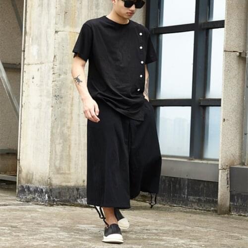 Original design pants cotton and linen summer loose thin wide-leg pants dark mens casual hakama