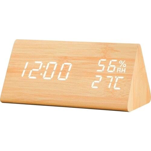 LED Wood Digital Alarm with Day Date Temperature Humidity 3 Brightness Voice Control Indoor Thermometer Hygrometer Bedside Desk