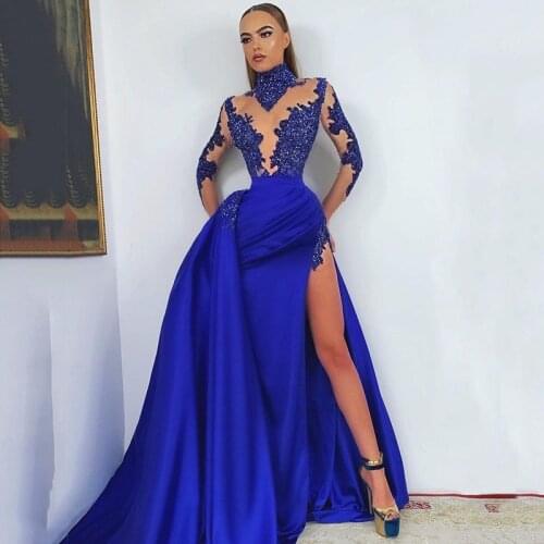 Royal Blue Evening Dresses with High Collar Long Sleeves Muslin Women Dress Lace Appliques Beads Side Split Party Gowns 2021