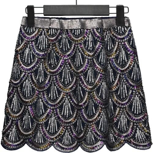 Summer Women High Waist Chiffon Party Skirt Vintage 1920s Gatsby Flapper Fish Scale Sequined Beaded Short Pencil Skirt