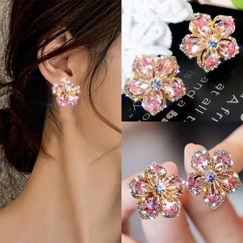 2021 New Gorgeous Twist Stackable Flower Heart Zircon Full Rhinestone Stud Earring For Women Korean Style Fashion Jewelry Gift