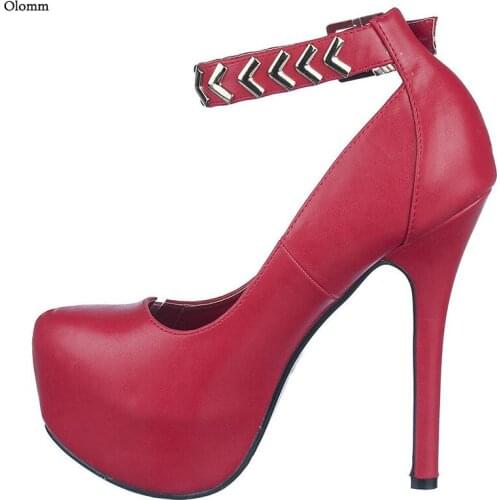 Olomm Handmade Women Platform Pumps Ankle Strap Stiletto Heels Round Toe Pretty 12 Colors Dress Shoes Women Plus US Size 5-20