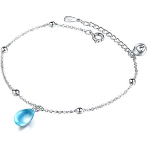 KOFSAC New Charming Blue Crystal Water Drop Bracelet Bangle 925 Sterling Silver Bracelets For Women Valentines Day Jewelry Gift