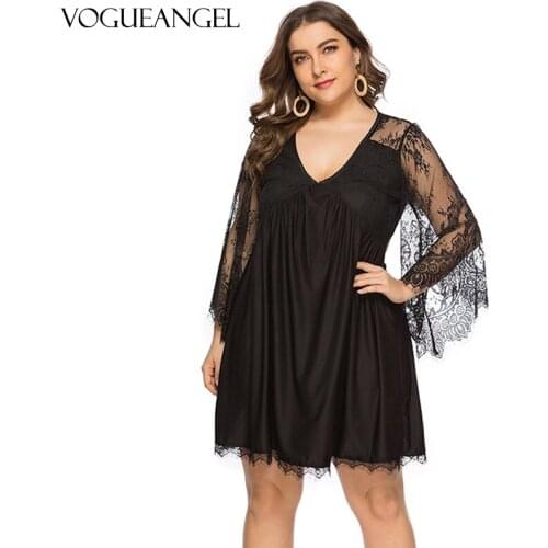 Women Plus Size 5XL Flare Sleeve Empire Waist Sexy Lace Dress 2021 Spring Summer Party Dress Vestido De Festa Robe Femme