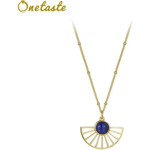 S925 Silver Gold Plated Lapis Lazuli Pendant Necklace Fine Jewelry Fan Shape France Elegant Chic Chokers Necklaces Women Girl