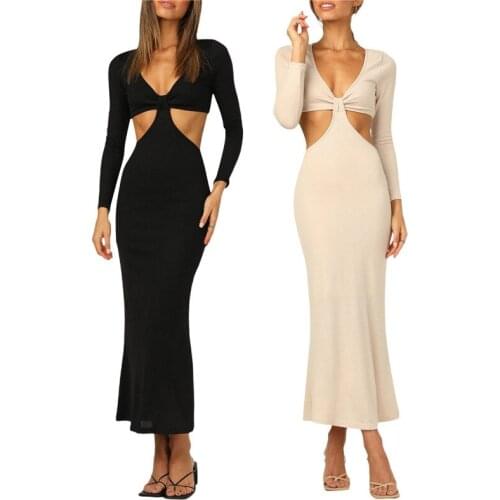 2021 Women Sexy Knitted Long Sleeve Dress Fashion Solid Color Hollow Out Backless High Waist Tight Dress Summer Party Dress