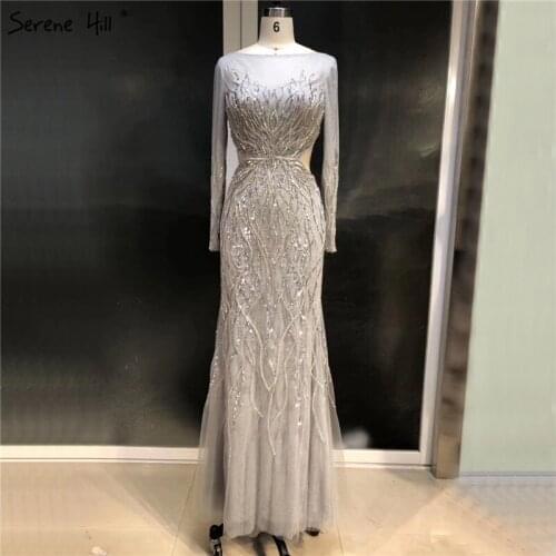 Serene Hill Luxury Grey Long Sleeves Evening Dress 2020 O-Neck Sequins Sparkle Mermaid Formal Party Gown CLA6418