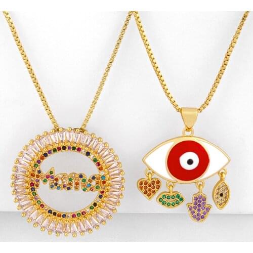 Gold Mom Necklaces Women Chain Turkish Evil Eye Necklaces Rainbow Zirconia Multi Color Stone Eye Pendant Rainbow Jewelry nke-p85