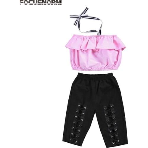 2018 Sweet Fashion Summer 2PCS Sets Toddler Baby Girls Sleeveless Halter Pink Ruffles Vest Tops Hole Black Pencil Pants 1-6Y