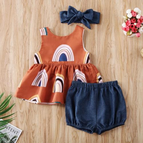 Cute Summer Toddler Kids Girls Outfits Suit Sleeveless Rainbow Print Tops Mini Dress+Denim Shorts+Headwear 3pcs Girls Clothes