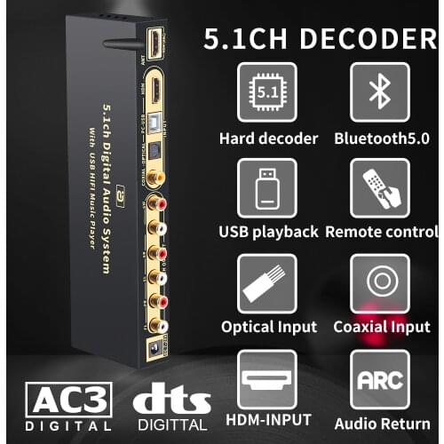 5.1 Audio Decoder Bluetooth 5.0 DAC DTS AC3 FLAC APE 4K*2K Hdmi-ARC TV Extractor Splitter PC-USB SPDIF Coaxial Converter HD815
