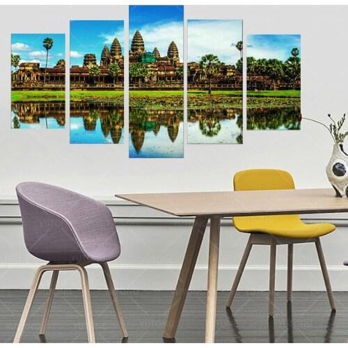 5 Pieces Angkor Wat Cambodia Canvas Poster Art Wall Living Room Home Decoration Modular Vrah Vishnulok natural landscape Picture