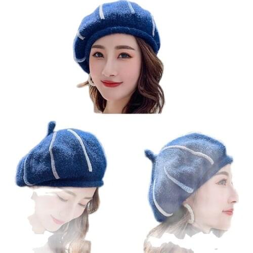 Women autumn and winter woolen beret Korean Artist Cap striped Beret Hat Winter warm striped student hat British pumpkin hat