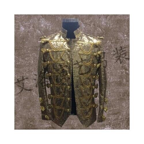 Free shipping golden full sequins beading medieval jacket vintage stage performance sequins jacket/can customs size