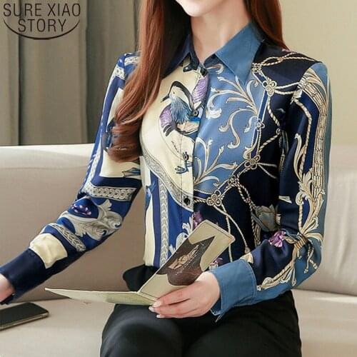 Vintage Print Blouse Women Autumn Clothes Long Sleeve Silk Blouse Women Fashion 2021 Office Lady Shirt Loose Plus Size Tops 8425