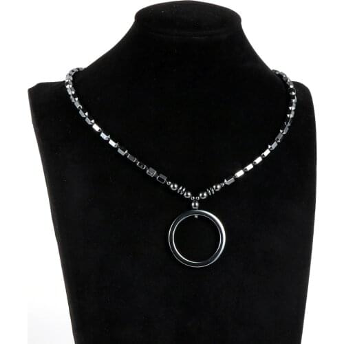 Natural Black Hematite Hollow Circle Pendant Necklace Unisex Jewelry Hematite Energy Stone Faces Bead Choker Clavicle Chain