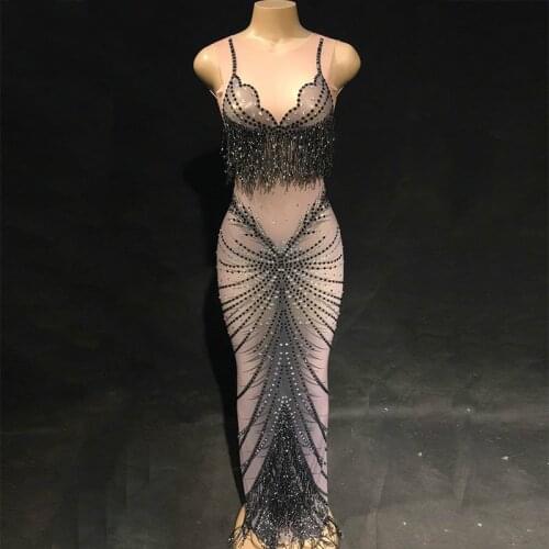 Black Rhinestone Mesh Perspective Sleeveless Dress Wedding Evening Birthday Celebrate Party Dresses Night See Through Vestidos