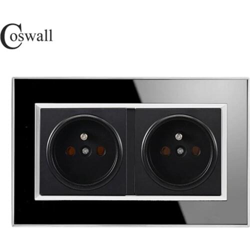 Coswall 146 Type 16A Double French Standard Socket Luxury Wall Power Outlet Acrylic Crystal Panel A1 Series Knight Black