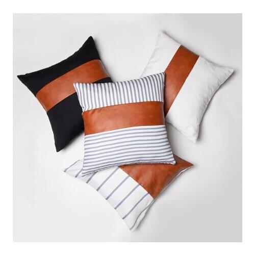 Children Cute Cushion Cover Pillow Cover 45*45cm Decorative Pillows PU Leather Striped Stitching Cushion Covers Pillowcases
