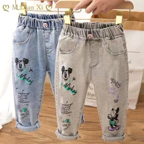 2021 Fashion Cartoon Jeans for Girls Teenage Children Jeans Elastic Waist Denim Pants Kids Trousers for Girls Kids Clothes 2-7T
