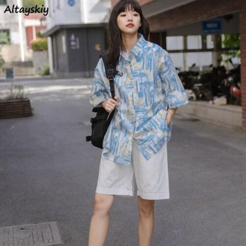 Shirts Women Summer Tie Dye Vintage Print Harajuku Short Sleeve Bf All-match Streetwear Fashion College Couples Single Breasted