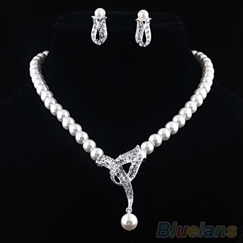 Hot Faux Pearl Crystal Choker Women Necklace Earrings Jewelry Set For Wedding Party 04QL 2D11 7FIU BD9N