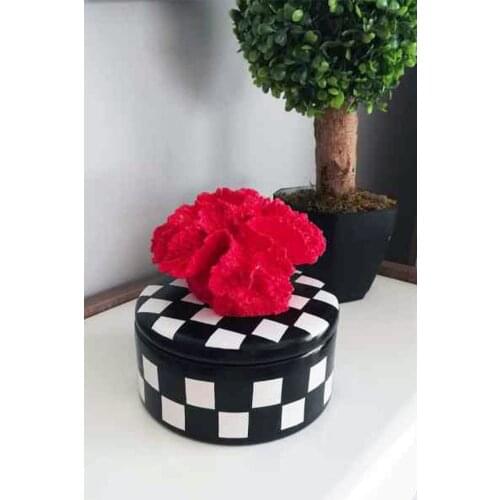 Checkered Decorative Coralline Round Ceramic Box-Hand Painting