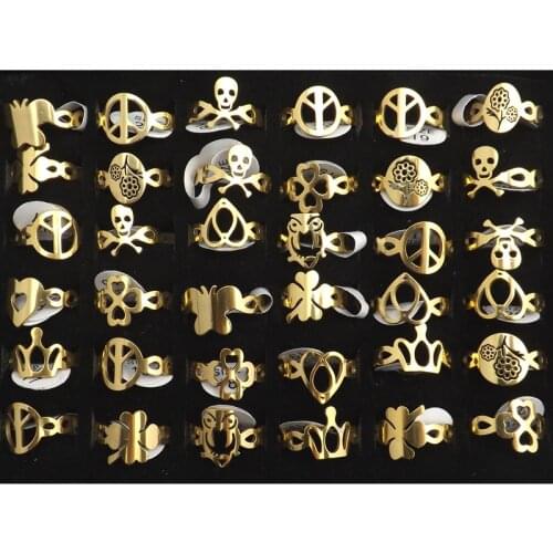 Gold Color Clover, Peace Symbol, Skull, Owl, Heart Shape Unibody Design Stainless steel Rings 36pcs/lot