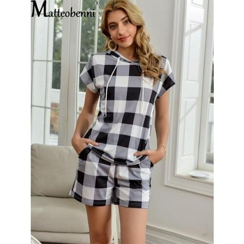 Pajama Sets Women Summer Plaid Printed T-shirt Shorts Hooded Casual Loose Sleepwear Soft Nightwear Homewear 2 Piece Sports Suit