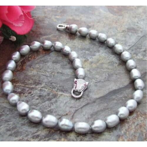 Beautiful NEW STUNNING 11-12mm South sea Silver Gray Pearl Necklace 18inch Leopard head clasp