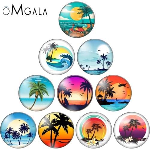 Summer beach sea coconut tree 10pcs mixed 12mm/18mm/20mm/25mm Round photo glass cabochon demo flat back Making findings ZB1104