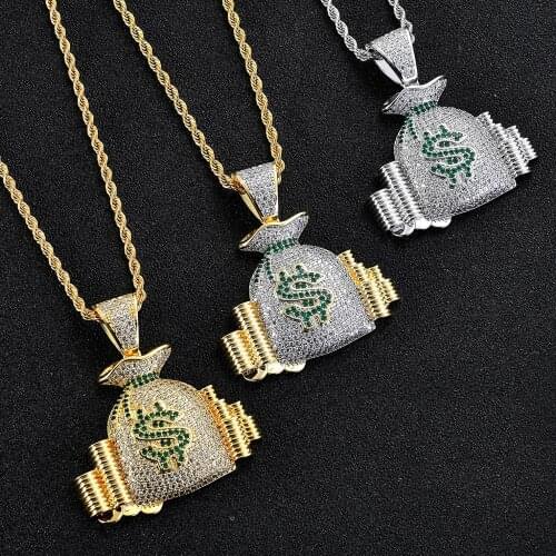 Freewear Money Bag Stack Iced Out Cash Coins Pendant Necklaces Copper Gold Color Cubic Zircon Hip Hop Men Charm Jewelry Gifts