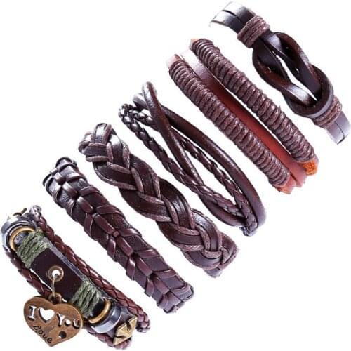 CIBOCIBO Heart Bracelet Men 6 Pieces Luxury Leather Braided Rope Wristband Bracelet Men Punk Fashion Pulseras Men Gifts Armband