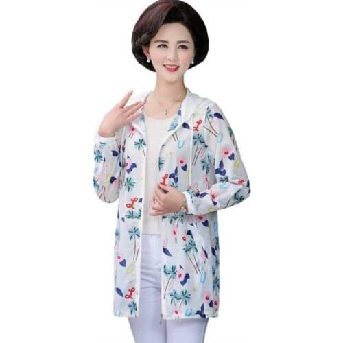 Middle-aged hooded Sun Protection Clothing Women 2021 New Summer print Thin Coat Female Casual zipper lady Blouse Tops R943