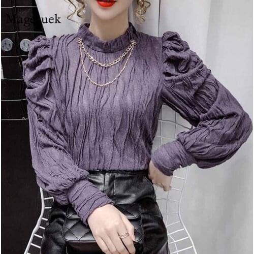 Autumn French Elegant Pleated Stand Collar Blouse Women Three-dimensional Slim All-match Solid Puff Sleeve Pullover Tops 12062