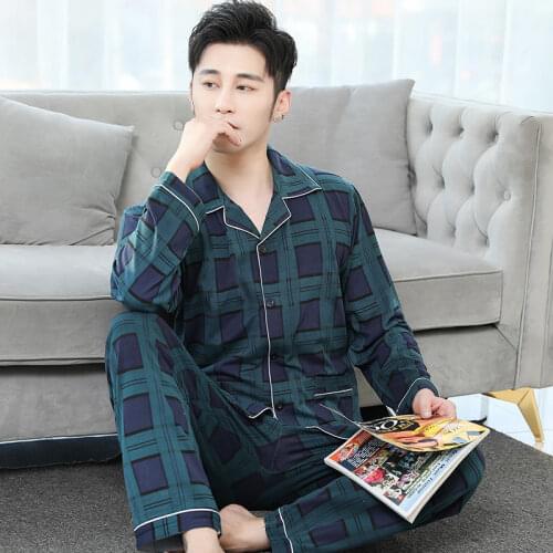 Mens Pure Cotton Pajamas Sets Fashion Plaid Autumn Winter Sleepwear Home Costumes Long Sleeve Casual Pajama Pants 2 Pieces/Set