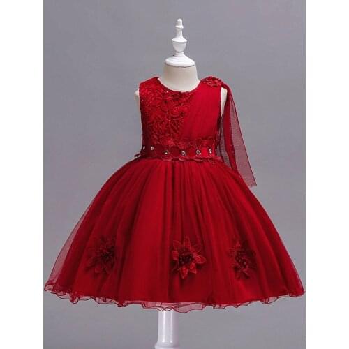 Kids Infant Girl Flower Petals Dress Children Bridesmaid Toddler Elegant Dress Vestido Infantil Formal Party Dress Wine red