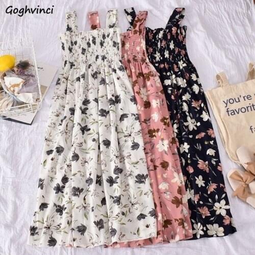 Sleeveless Dress Women Floral Printed Stretchy Spaghetti Strap Prairie Chic Korean Style Females Dresses Streetwear Elegant Ins