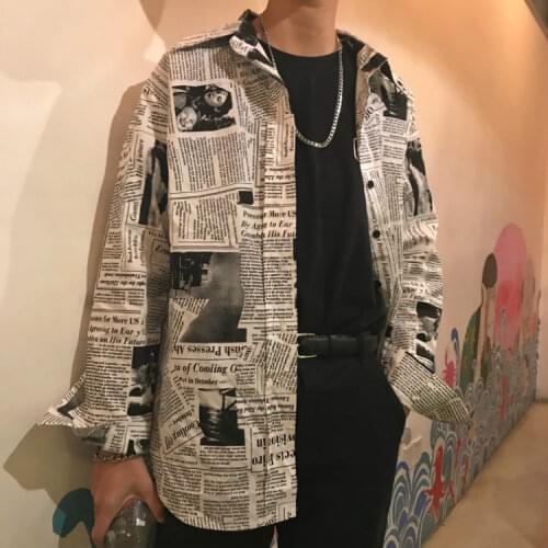 Korean Japanese Newspaper Dark Print Loose Plus Size Blouse Oversized Woman Man Shirt Harajuku Hip Hop Top Streetwear Tee Punk
