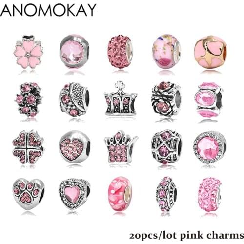 Mix Style Pink Crown Heart Leaf Crystal Charm fit Bracelet Bangle Necklace Big Hole Bead for DIY Jewelry Making